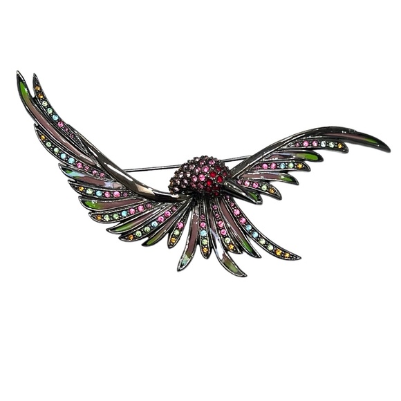 VINTAGE JOAN RIVERS MULTICOLOR CRYSTALS SWOOPING BIRD IN FLIGHT BROOCH - Picture 9 of 16